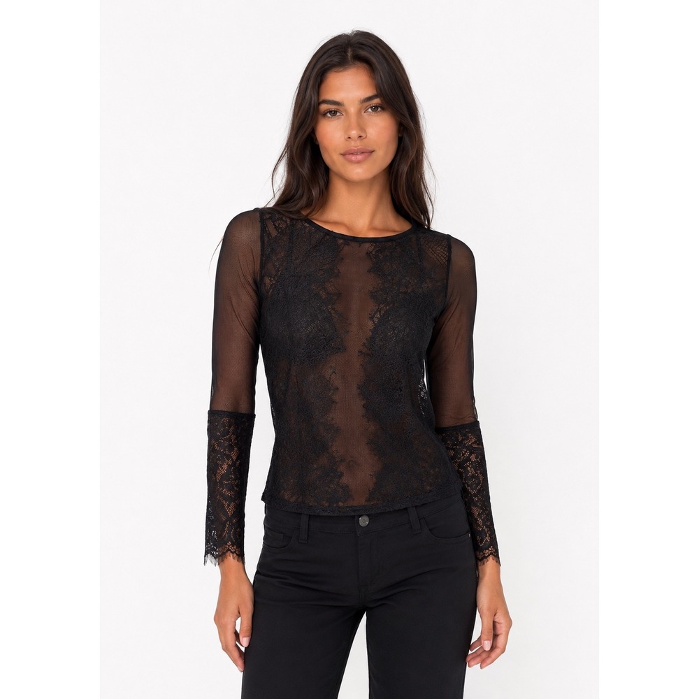 River Island Black Lace Mesh Top Long Sleeve Sheer Blouse US 4
